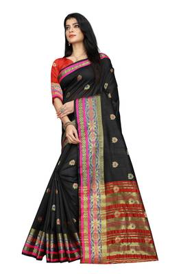 Women   s black South Cotton Designer saree With Jacquard butta All Over 2