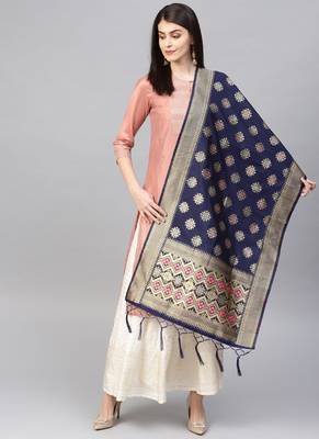 Women Navy blue Color Woven Banarasi Dupatta 1