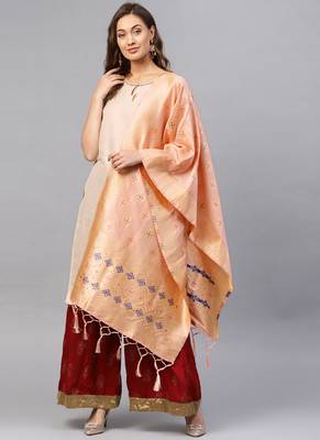 Women Peach Color Woven Banarasi Dupatta 1