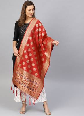 Women Red Color Woven Banarasi Dupatta 1