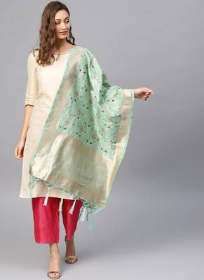 Women Sea green Color Woven Banarasi Dupatta 1