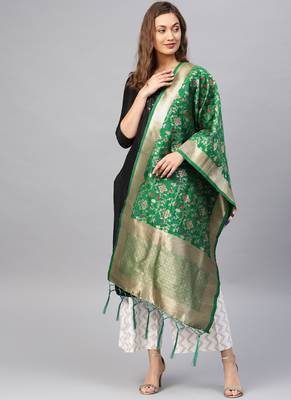 Women Green Color Woven Banarasi Dupatta 1