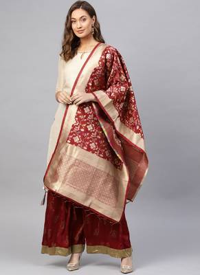 Women Maroon Color Woven Banarasi Dupatta 1