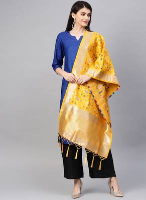 Women Yellow Color Woven Banarasi Dupatta 1