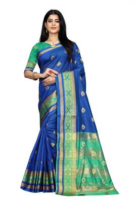 Women   s blue South Cotton Designer saree With Jacquard butta All Over 1