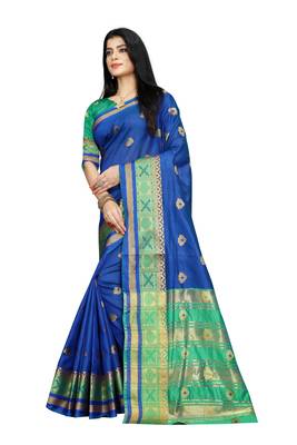 Women   s blue South Cotton Designer saree With Jacquard butta All Over 2