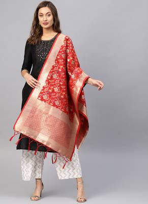 Women Red Color Woven Banarasi Dupatta 1