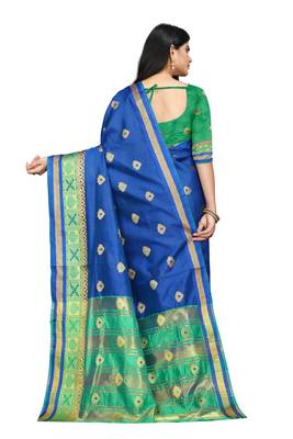Women   s blue South Cotton Designer saree With Jacquard butta All Over 3