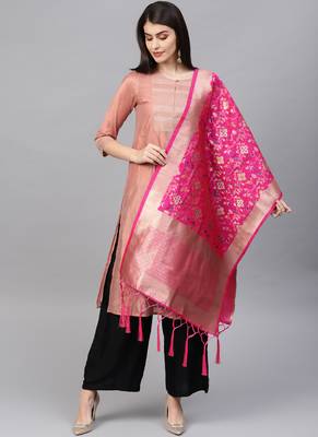 Women Rani Pink Color Woven Banarasi Dupatta 1