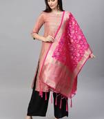Women Rani Pink Color Woven Banarasi Dupatta