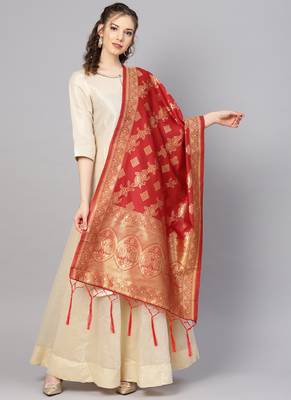 Women Red Color Woven Banarasi Dupatta 1