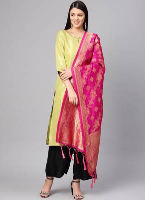Women Rani pink Color Woven Banarasi Dupatta 1