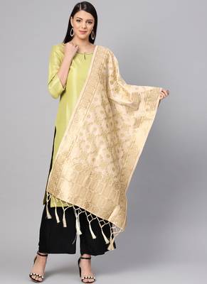 Women Cream Color Woven Banarasi Dupatta 1