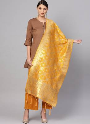 Women Mustard Color Woven Banarasi Dupatta 1