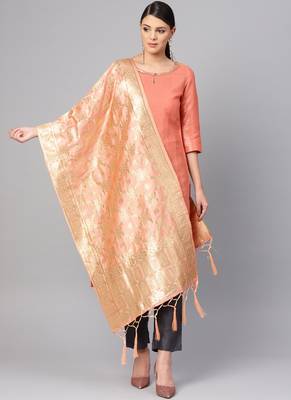 Women Peach Color Woven Banarasi Dupatta 1