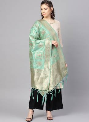 Women Sea green Color Woven Banarasi Dupatta 1