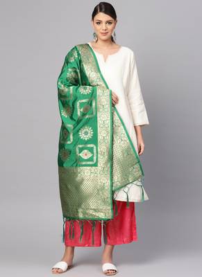 Women Green Color Woven Banarasi Dupatta 1
