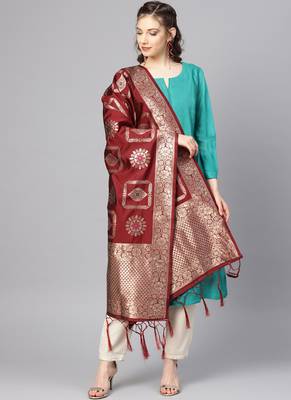 Women Maroon Color Woven Banarasi Dupatta 1