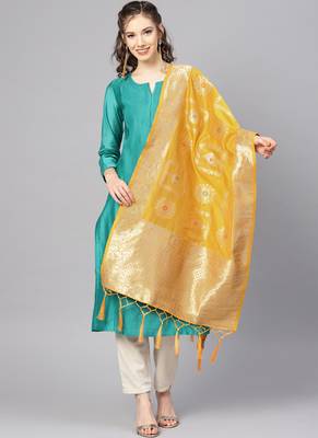 Women Yellow Color Woven Banarasi Dupatta 1
