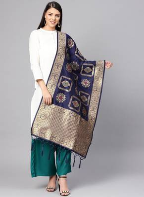 Women Navy blue Color Woven Banarasi Dupatta 1