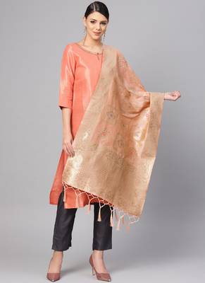 Women Peach Color Woven Banarasi Dupatta 1