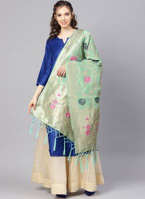 Women Sea Green Color Woven Banarasi Dupatta 1