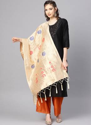 Women Cream Color Woven Banarasi Dupatta 1