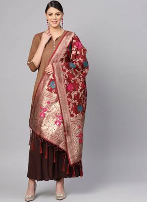 Women Maroon Color Woven Banarasi Dupatta 1