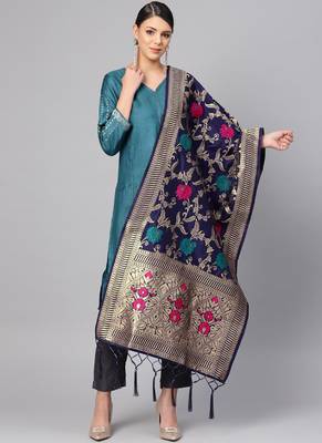 Women Navy blue Color Woven Banarasi Dupatta 1