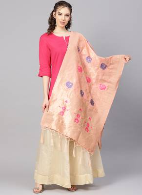 Women Peach Color Woven Banarasi Dupatta 1