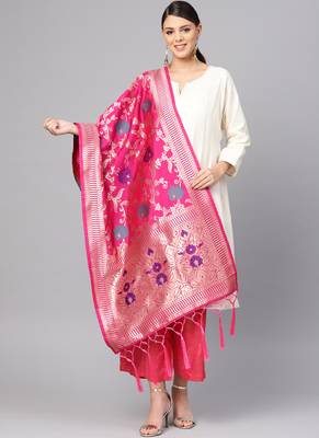 Women Rani pink Color Woven Banarasi Dupatta 1