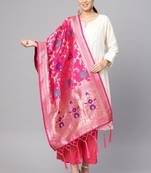 Women Rani pink Color Woven Banarasi Dupatta