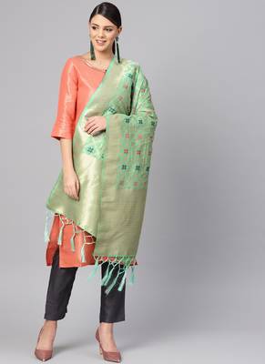 Women Sea green Color Woven Banarasi Dupatta 1