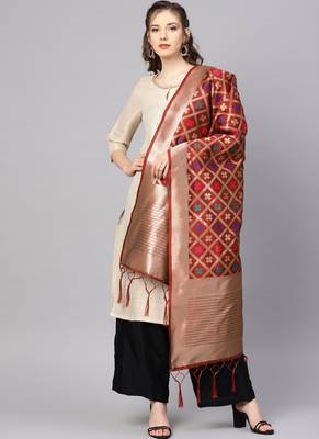 Women Maroon Color Woven Banarasi Dupatta 1