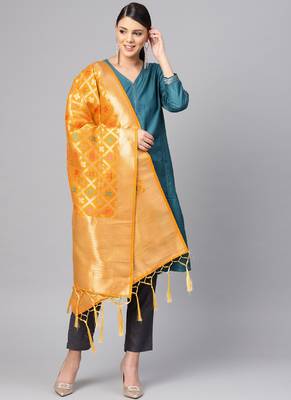 Women Mustard Color Woven Banarasi Dupatta 1