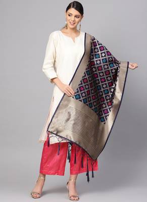 Women Navy blue Color Woven Banarasi Dupatta 1