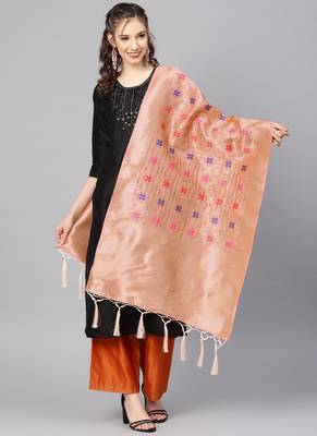 Women Peach Color Woven Banarasi Dupatta 1