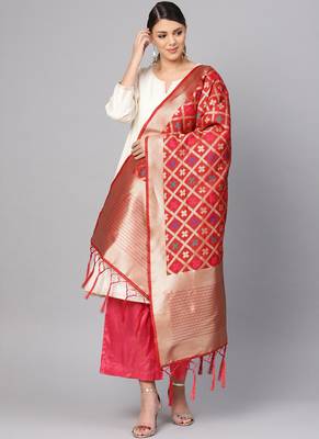 Women Red Color Woven Banarasi Dupatta 1
