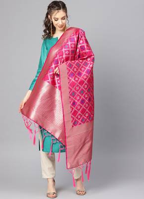Women Rani pink Color Woven Banarasi Dupatta 1