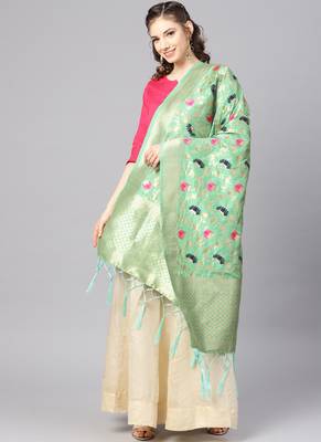 Women Sea green Color Woven Banarasi Dupatta 1