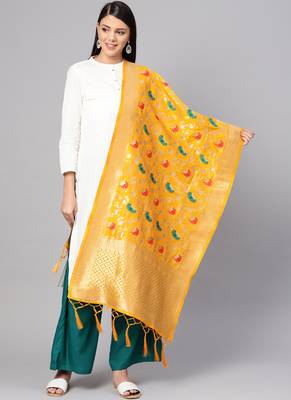 Women Yellow Color Woven Banarasi Dupatta 1