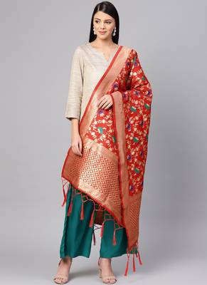 Women Red Color Woven Banarasi Dupatta 1
