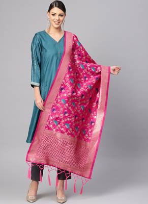 Women Rani Pink Color Woven Banarasi Dupatta 1