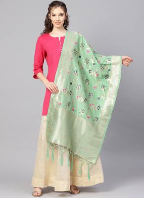 Women Sea green Color Woven Banarasi Dupatta 1