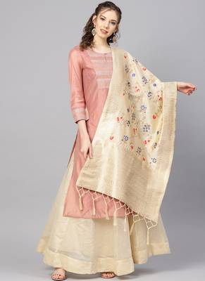 Women Cream Color Woven Banarasi Dupatta 1