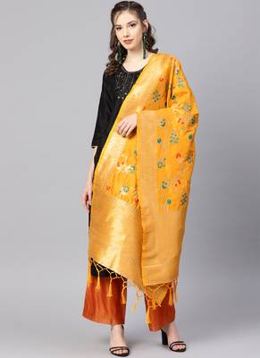 Women Mustard Color Woven Banarasi Dupatta 1