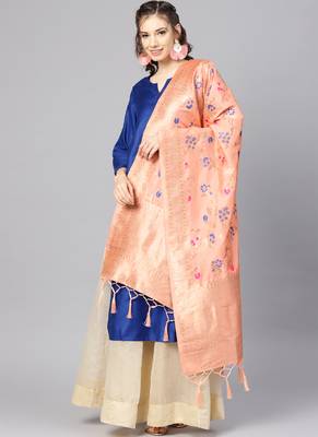 Women Peach Color Woven Banarasi Dupatta 1