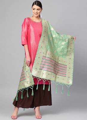 Women Sea green Color Woven Banarasi Dupatta 1