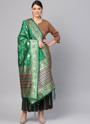 Women Green Color Woven Banarasi Dupatta 1