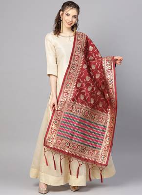 Women Maroon Color Woven Banarasi Dupatta 1